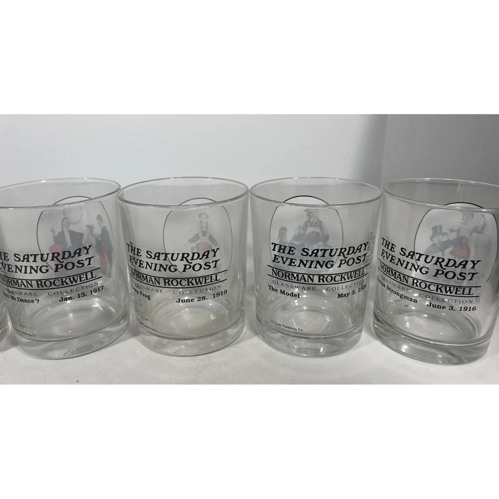 Lot of 7 Norman Rockwell The Saturday Evening Post Whiskey Bar Glasses Vintage
